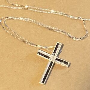 1/4 Ct Tw Diamonds in 14k White Gold over Sterling Silver Cross With 18” Chain
